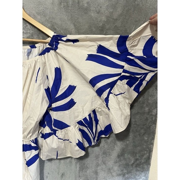 Willow & Root Blue White Palm Print Off Shoulder Romper Bell Sleeve L 120WD41224 - Picture 5 of 7